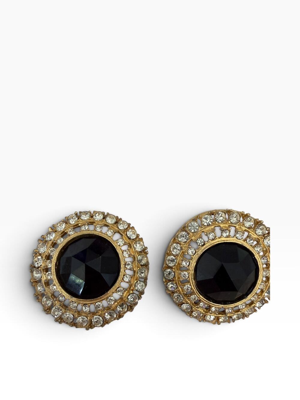Vintage 80s Gold Rhinestone Black Cabochon Round Statement Clip On Earrings